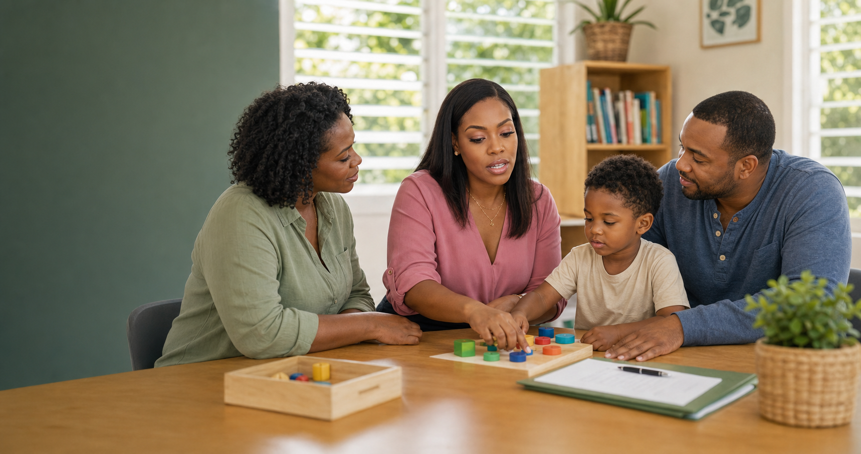 Rashene Salmon leading a behaviour consultation with a mother, father, and child in a bright learning room